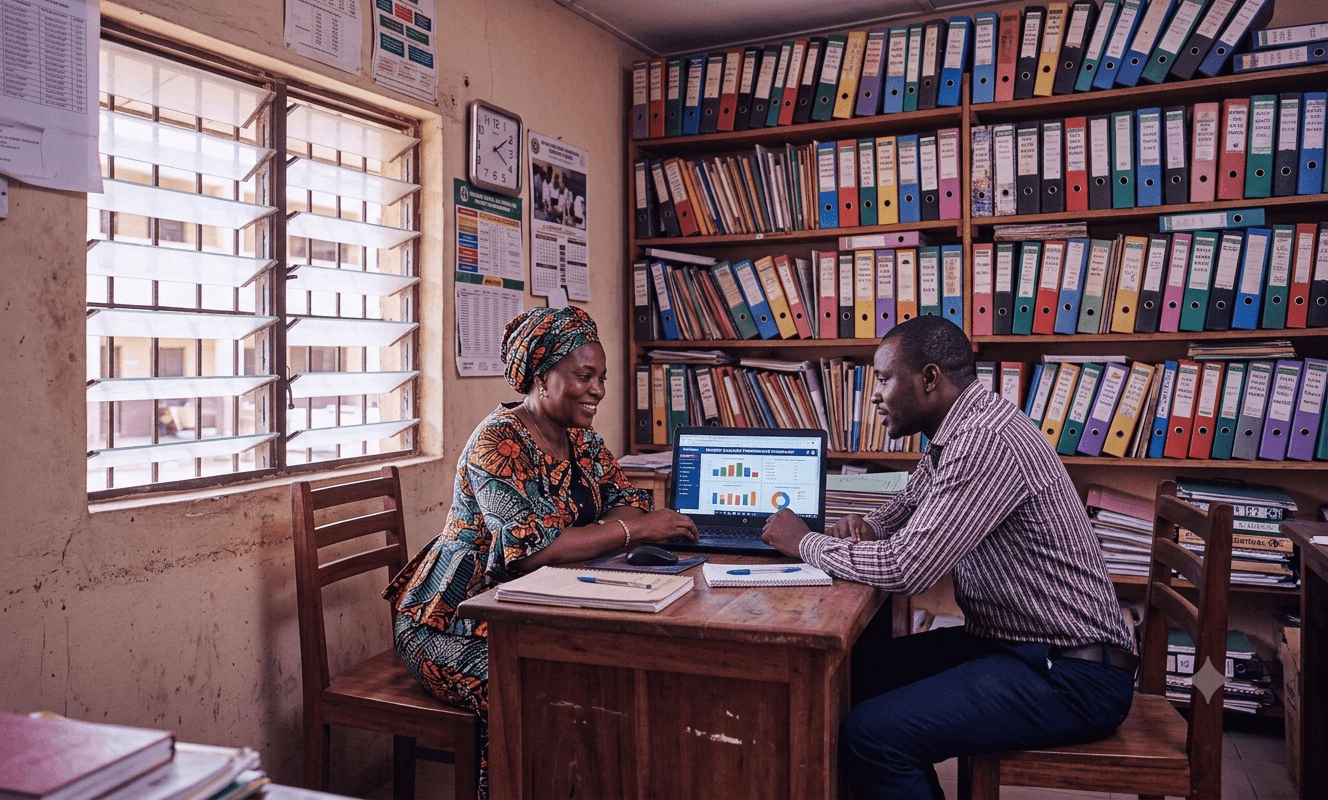 A Nigerian school admin and teacher reviewing records together